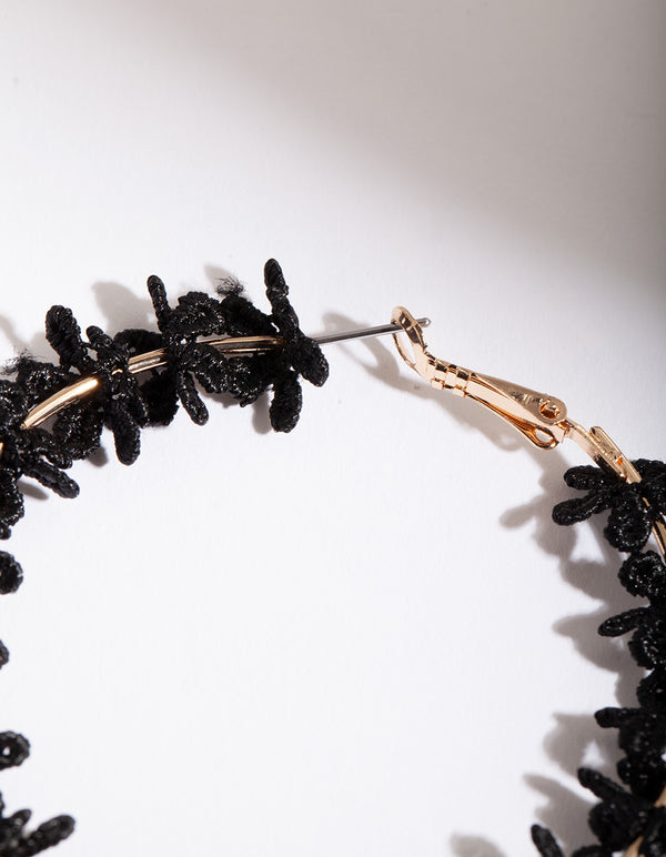Black Gold Crochet Flower Hoop Earrings