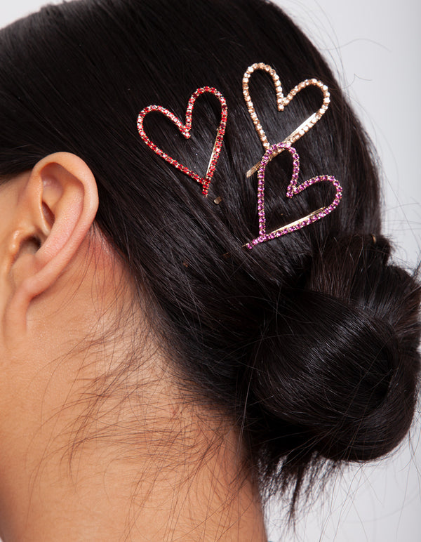 Gold Pink Red Diamante Heart Clip Pack