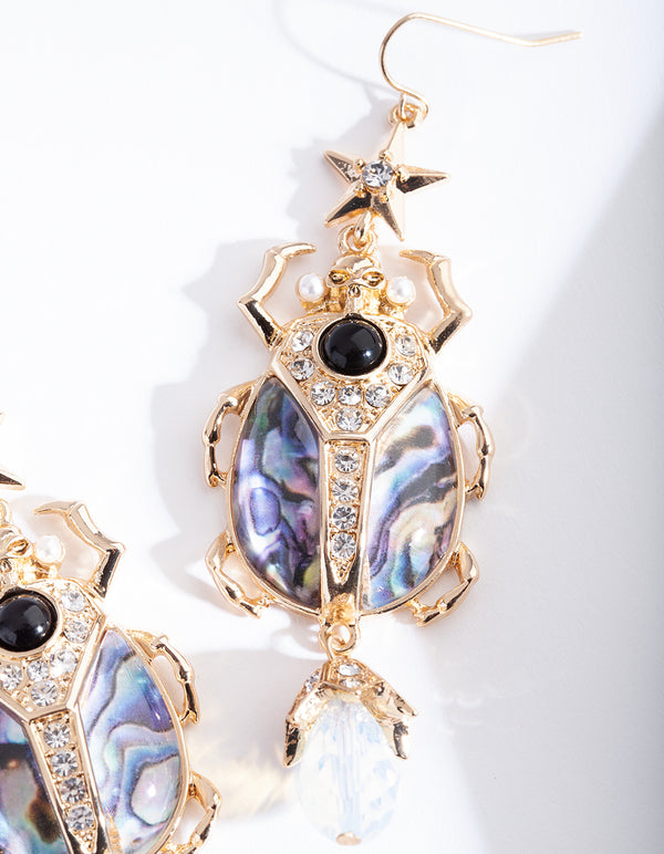 Gold Blue Swirl Beetle Earrings