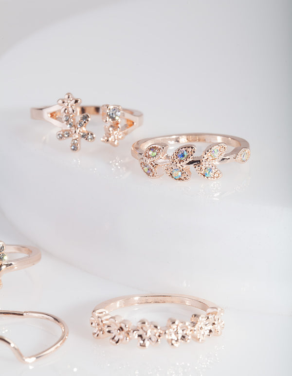 Rose Gold Floral Diamante Ring 4-Pack