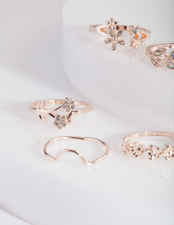 Rose Gold Floral Diamante Ring 4-Pack