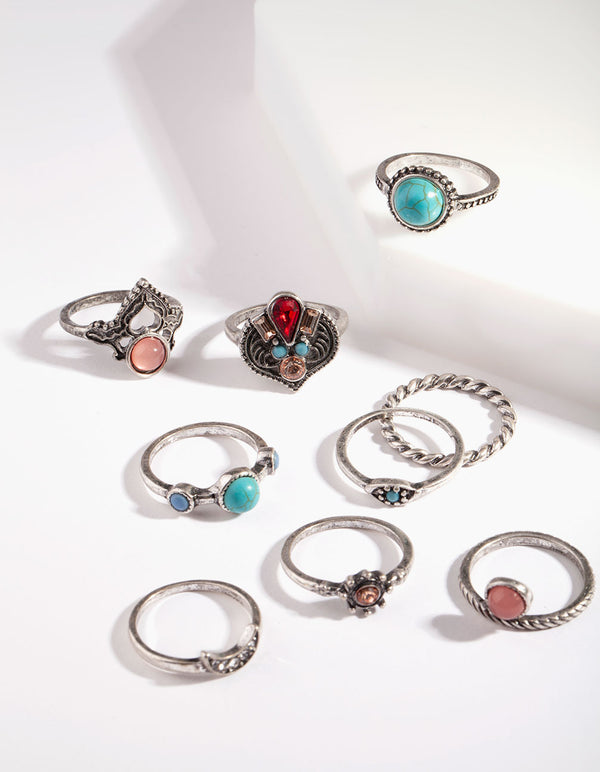 Bohemian Silver Mixed Stone Ring 8-Pack