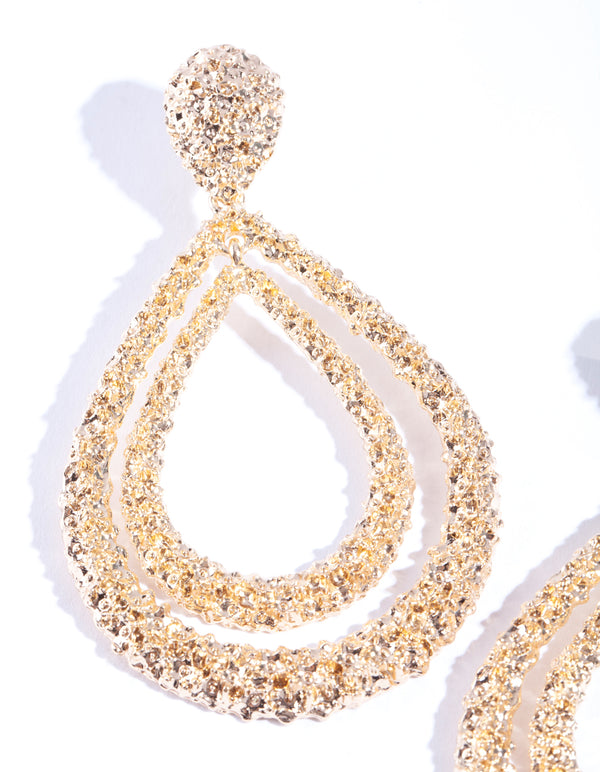 Gold Crater Textured DoubleTear Drop Earrings