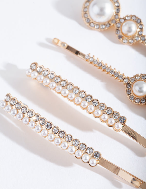 Gold Diamante Pearl Hair Clip 4-Pack