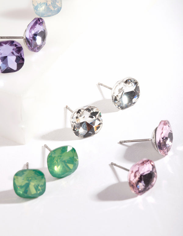 Silver Mini Square Crystal Stud Earring 5 pack
