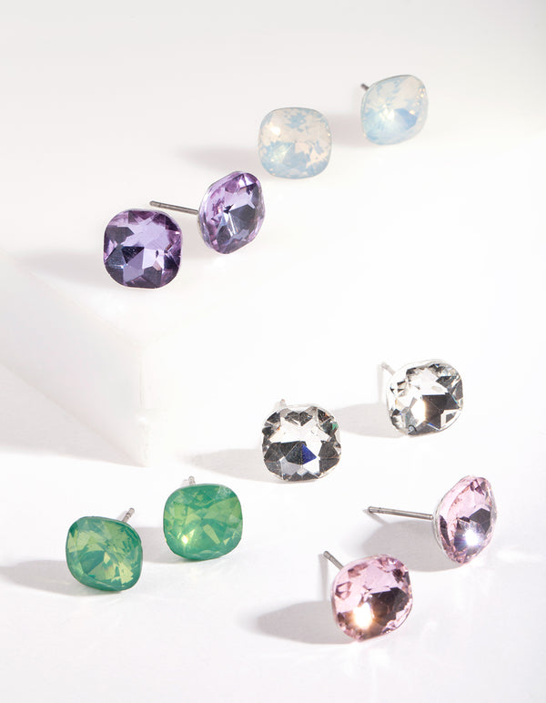 Silver Mini Square Crystal Stud Earring 5 pack