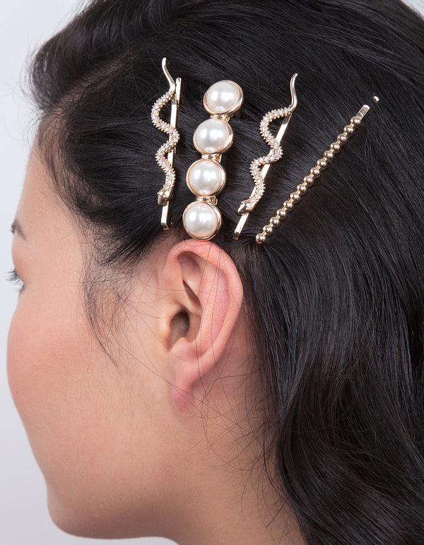Gold Snake Pearl Hair Clip 4-Pack