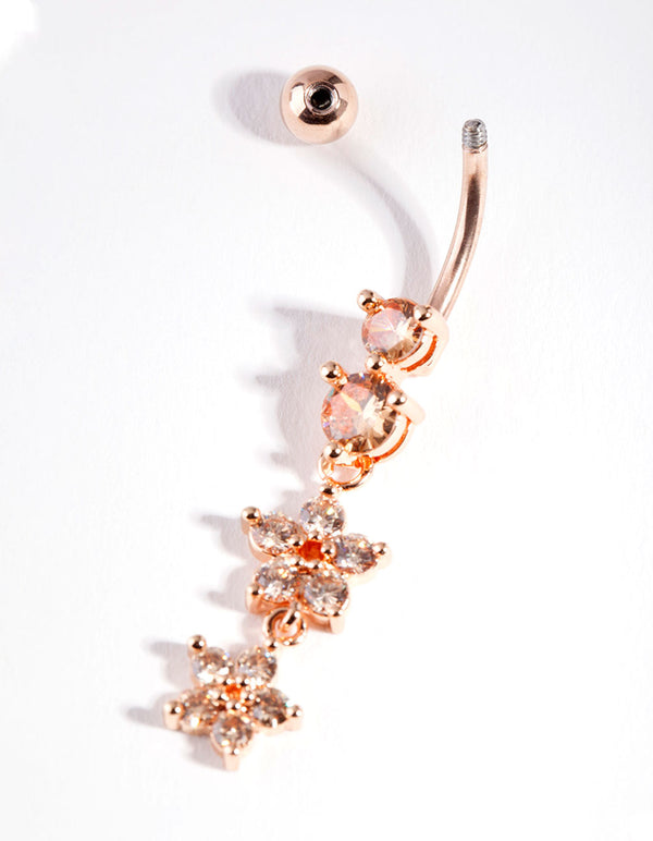 Rose Gold Surgical Steel Floral Diamante Belly Bar