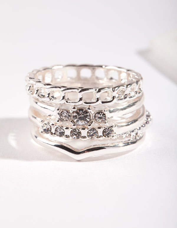 Silver Diamante & Chain 5 Stack Ring