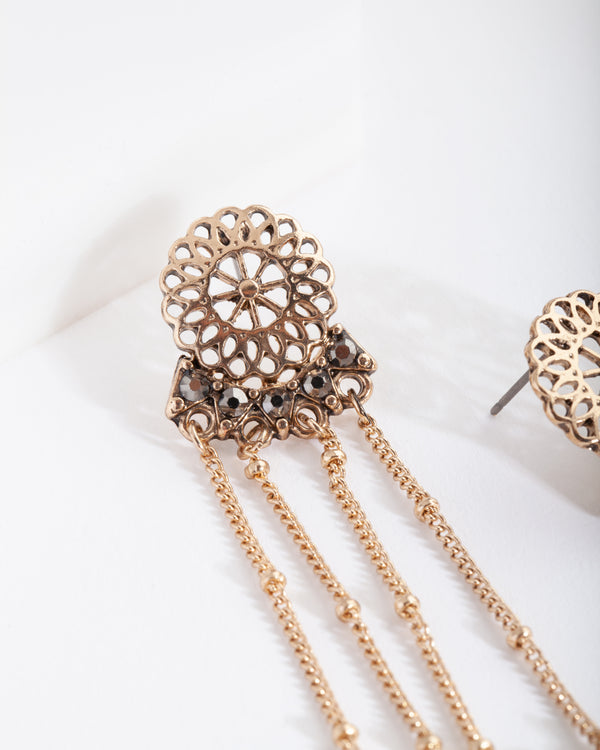 Antique Gold Diamante Chain Earrings
