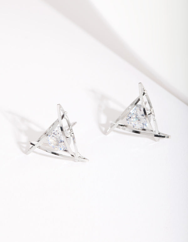 Rhodium Cubic Zirconia Trapped Triangle Earrings
