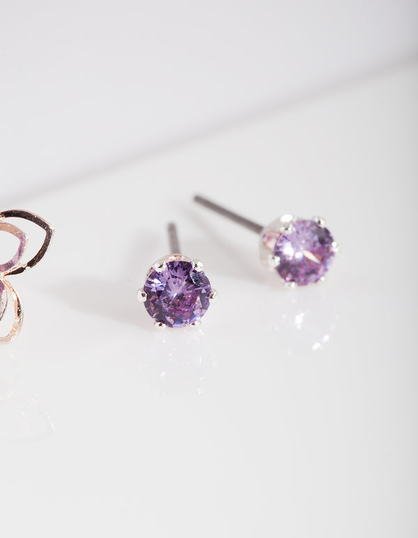 Purple Cubic Zirconia Flower Stud Earring Pack