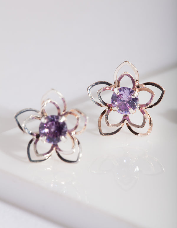 Purple Cubic Zirconia Flower Stud Earring Pack