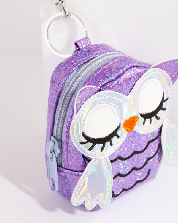 Kids Purple Iridescent Owl Purse Keyring