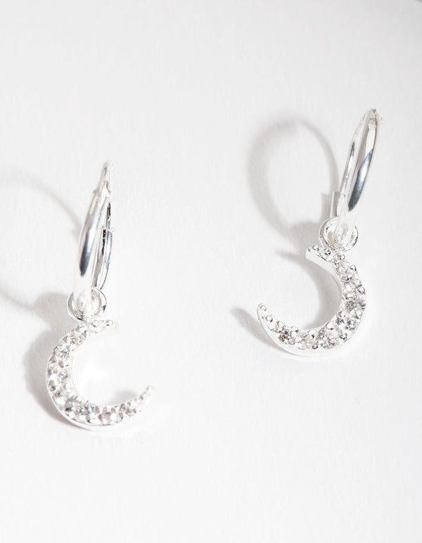 Sterling Silver Diamante Moon Charm Hoop Earrings