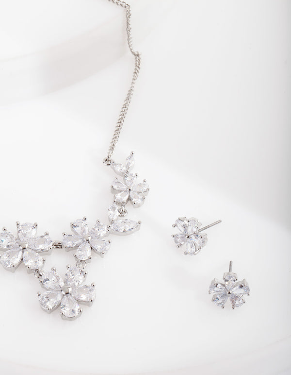 Silver Diamond Simulant Floral Necklace Earrings Set