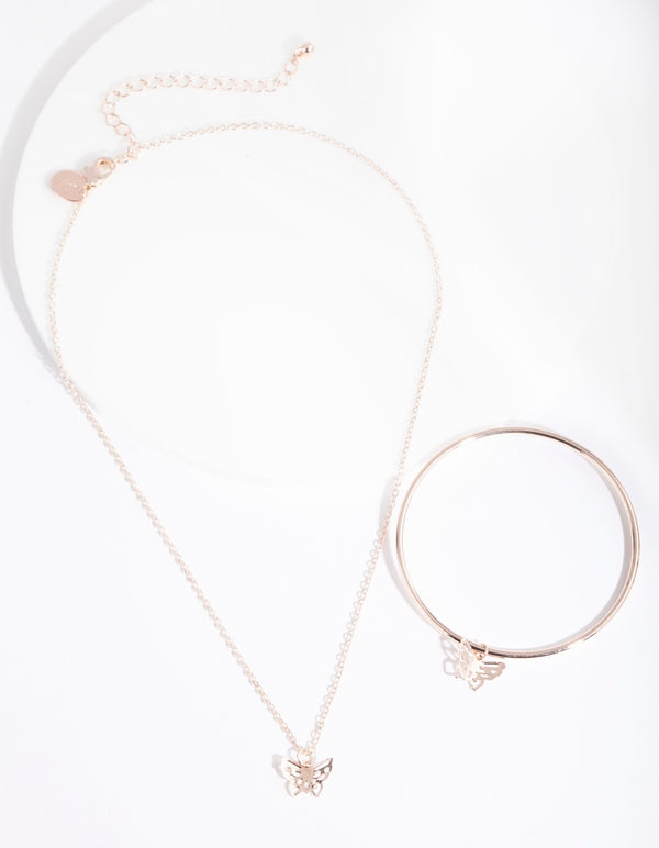 Kids Rose Gold Butterfly Necklace & Bangle Set