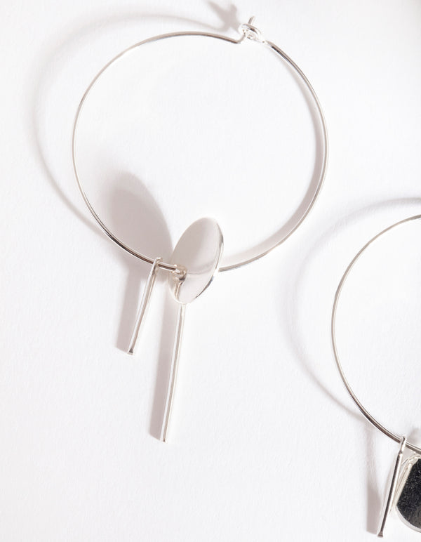 Silver Disc & Line Hoop Earrings