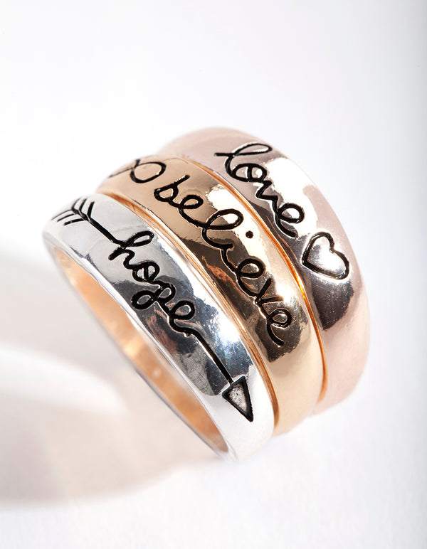 Mixed Metal Cute Word 3 Stack Ring Pack