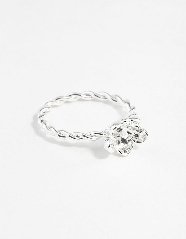 Silver Twist Band Flower Ring
