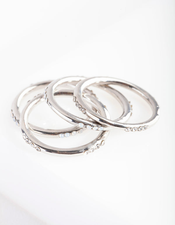 Rhodium Synthetic Opal Crystal 4 Ring Pack