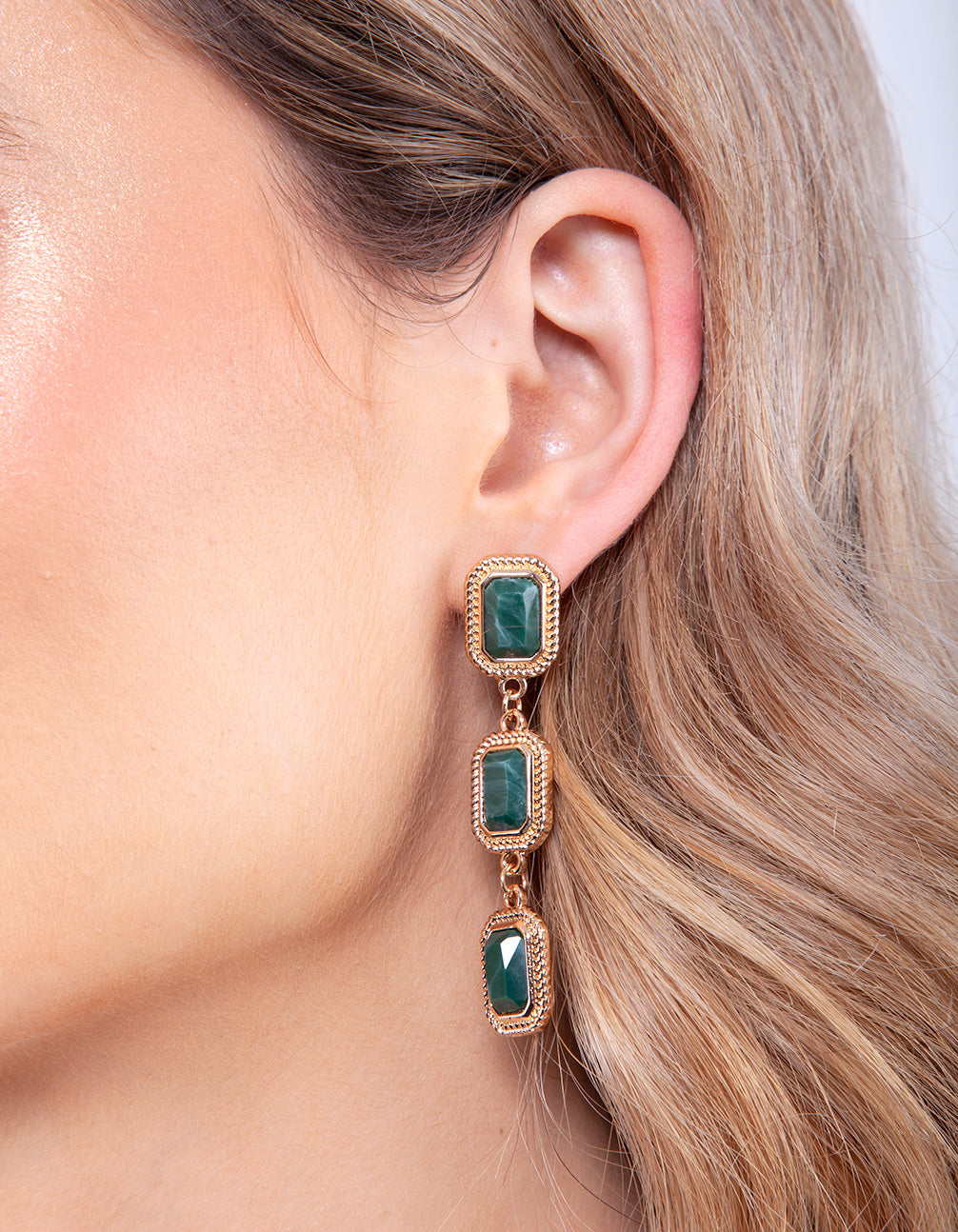Green Triple Stone Drop Earrings