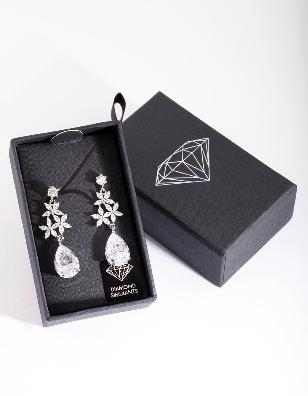 Silver Diamond Simulant Flower Teardrop Earrings