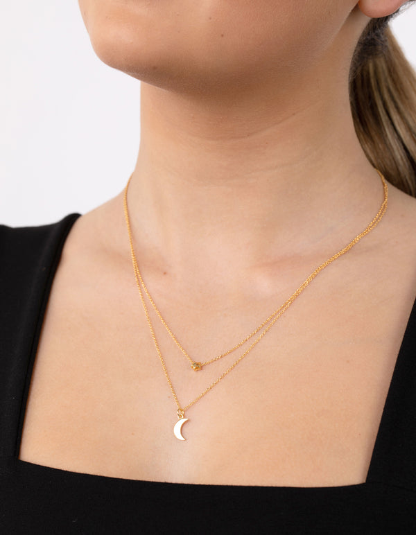 Gold Plated Sterling Silver Moon & Star Double Layer Necklace
