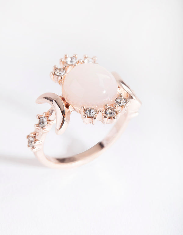 Rose Gold Vanilla Synthetic Opal Moon Diamante Ring
