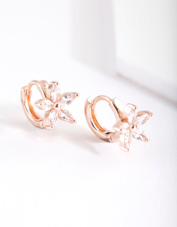 Rose Gold Crystal Flower Huggie Earrings