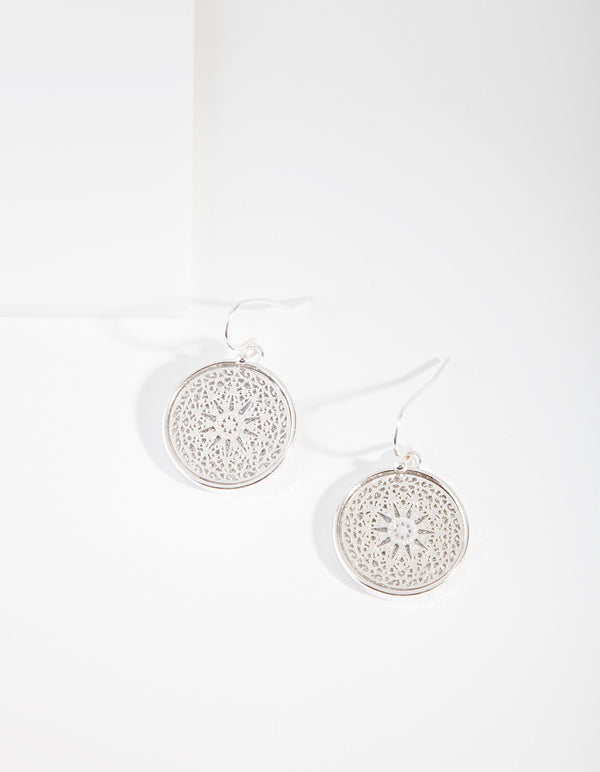 Silver Filigree Disc Drop Earrings