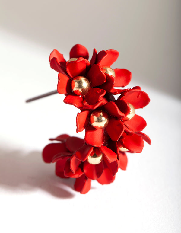 Red Flower Cluster Hoop Earrings