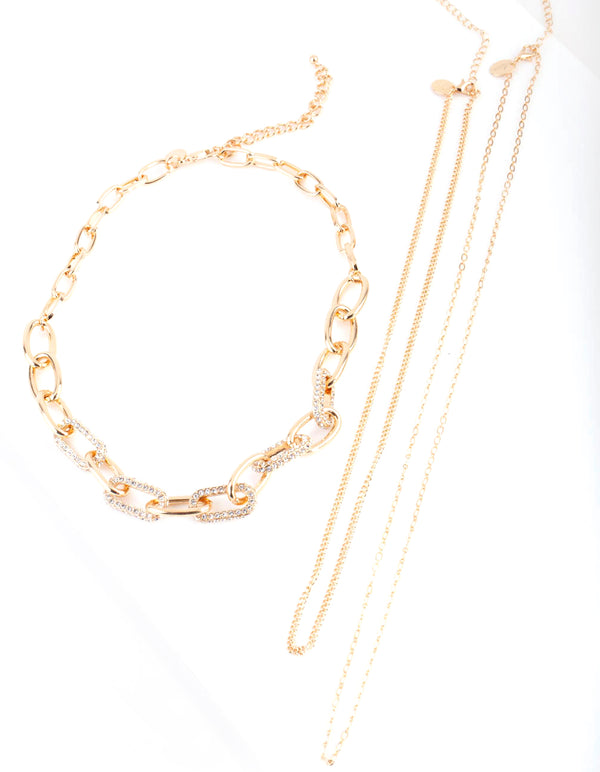 Gold Diamante Link Multirow Necklace