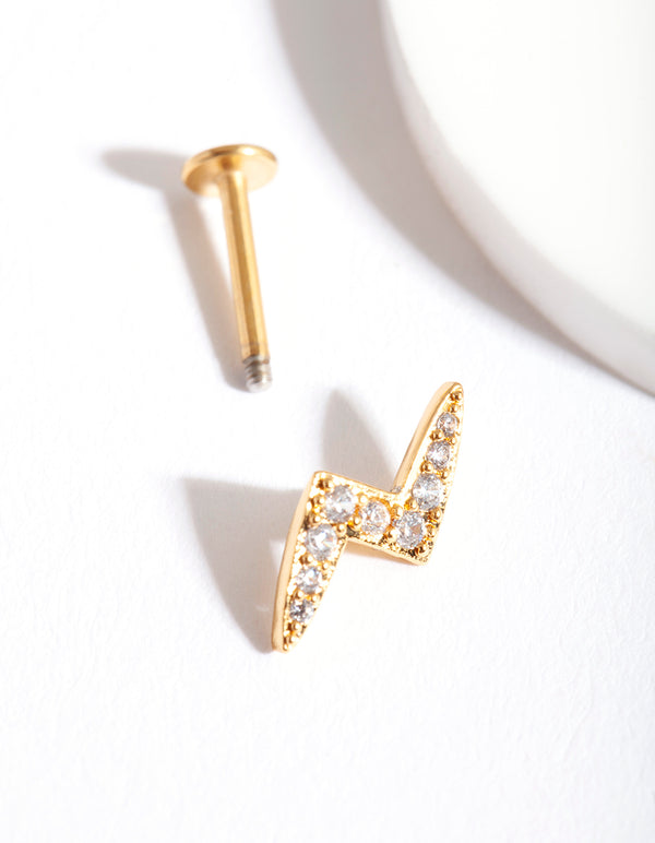 Gold Surgical Steel Cubic Zirconia Pave Lightning Bolt Flat Back
