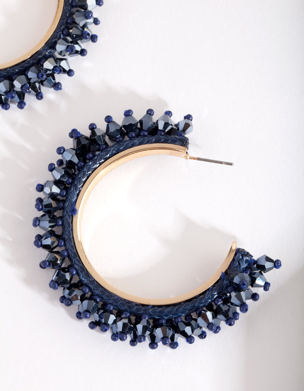 Gold Blue Facet Bead Hoop Earrings