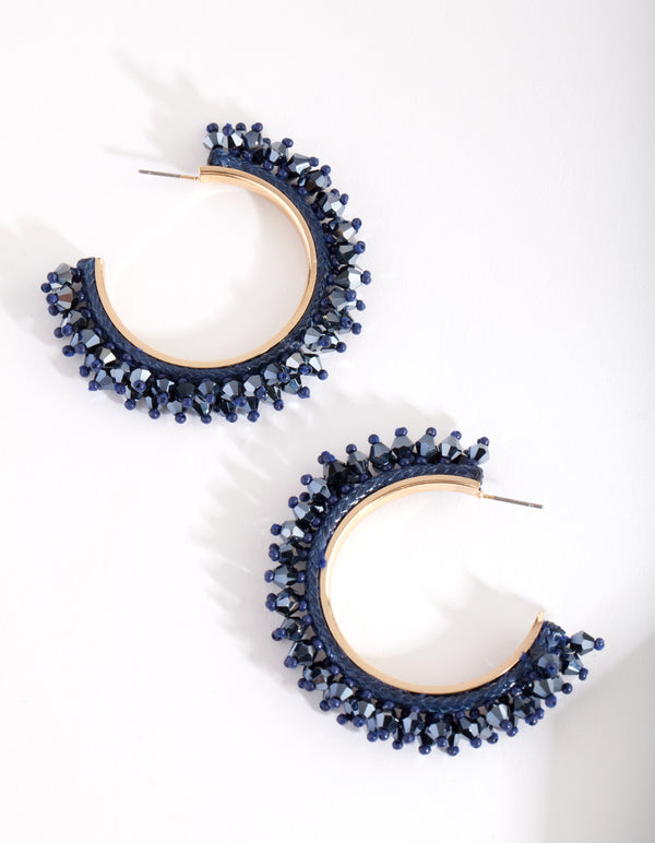Gold Blue Facet Bead Hoop Earrings