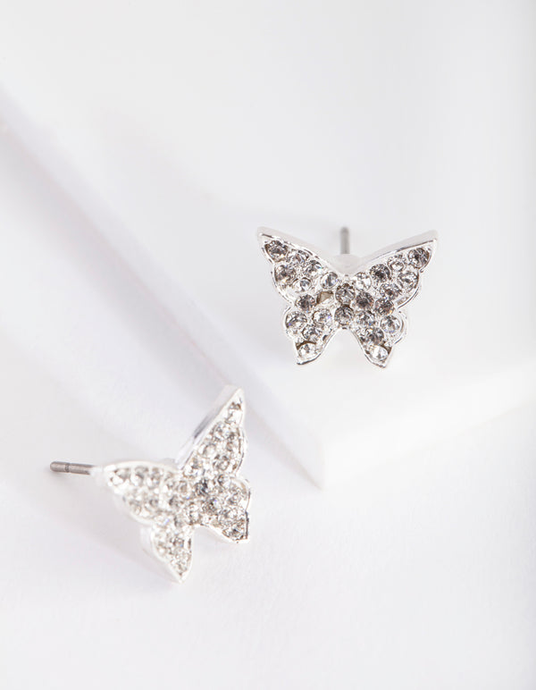 Silver Diamond Simulants Diamante Butterfly Stud Earrings