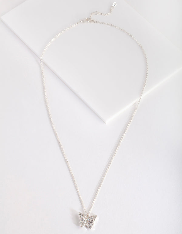 Silver Diamond Simulant Butterfly Necklace