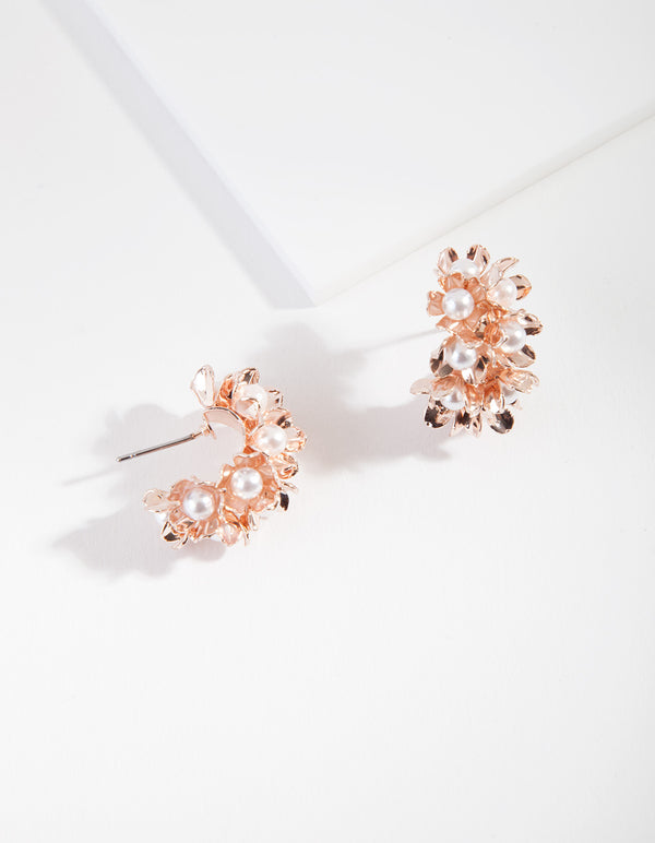 Rose Gold Flower Cluster Pearl Earrings