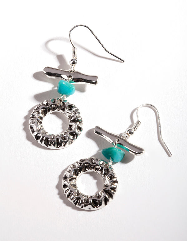 Silver Textured Circle Bar Drop Earrings