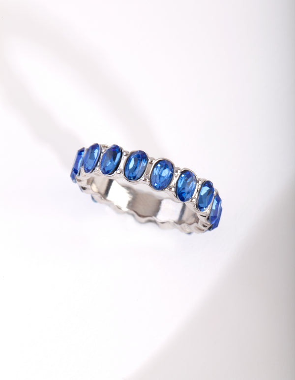 Silver Blue Oval Diamante Ring