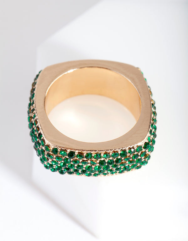 Gold Green Rounded Square Pave Ring