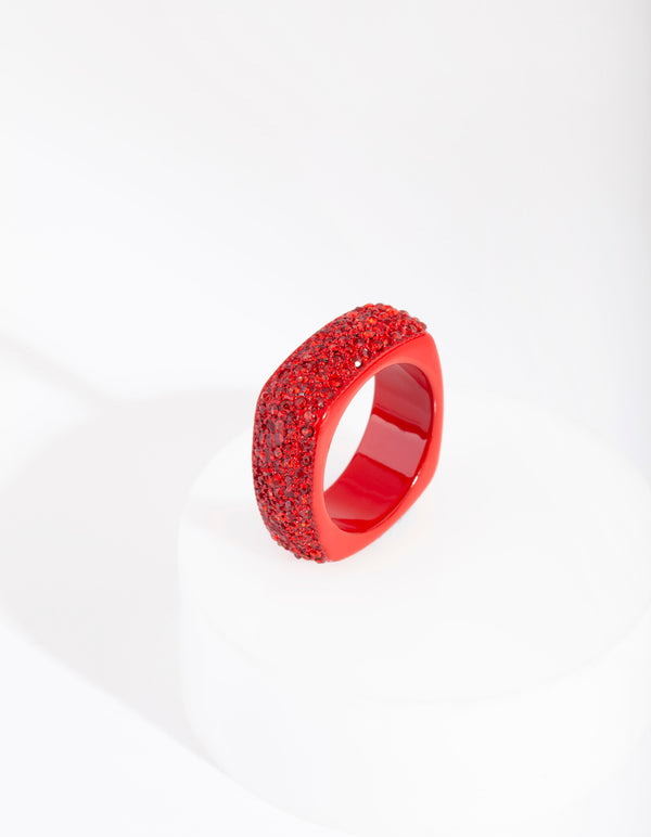 Red Rounded Square Pave Ring
