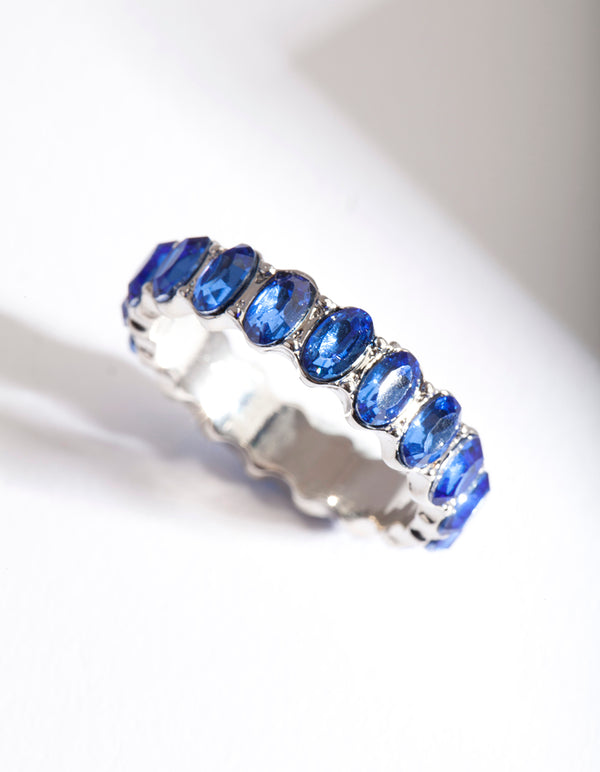 Silver Blue Oval Diamante Ring