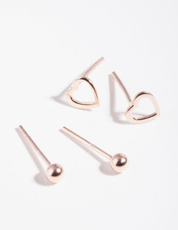 Rose Gold Plated Sterling Silver Ball & Heart Stud Earring Pack