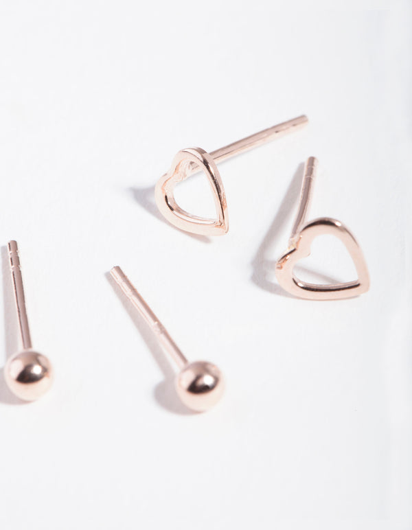 Rose Gold Plated Sterling Silver Ball & Heart Stud Earring Pack