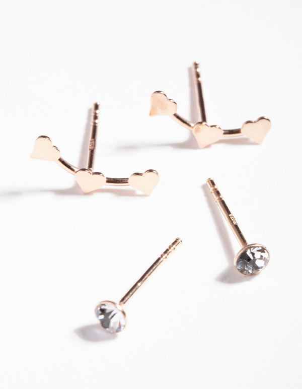 Rose Gold Plated Sterling Silver Diamante Heart Stud Earring Pack
