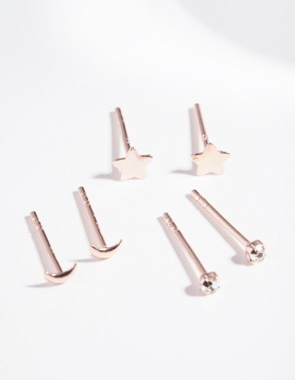 Rose Gold Plated Sterling Silver Celestial Stud Earring Pack