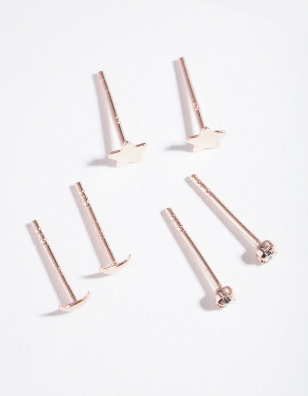 Rose Gold Plated Sterling Silver Celestial Stud Earring Pack