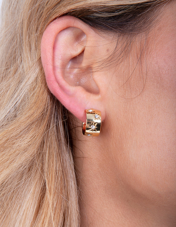 Gold Plated Diamante Starburst Huggie Earrings